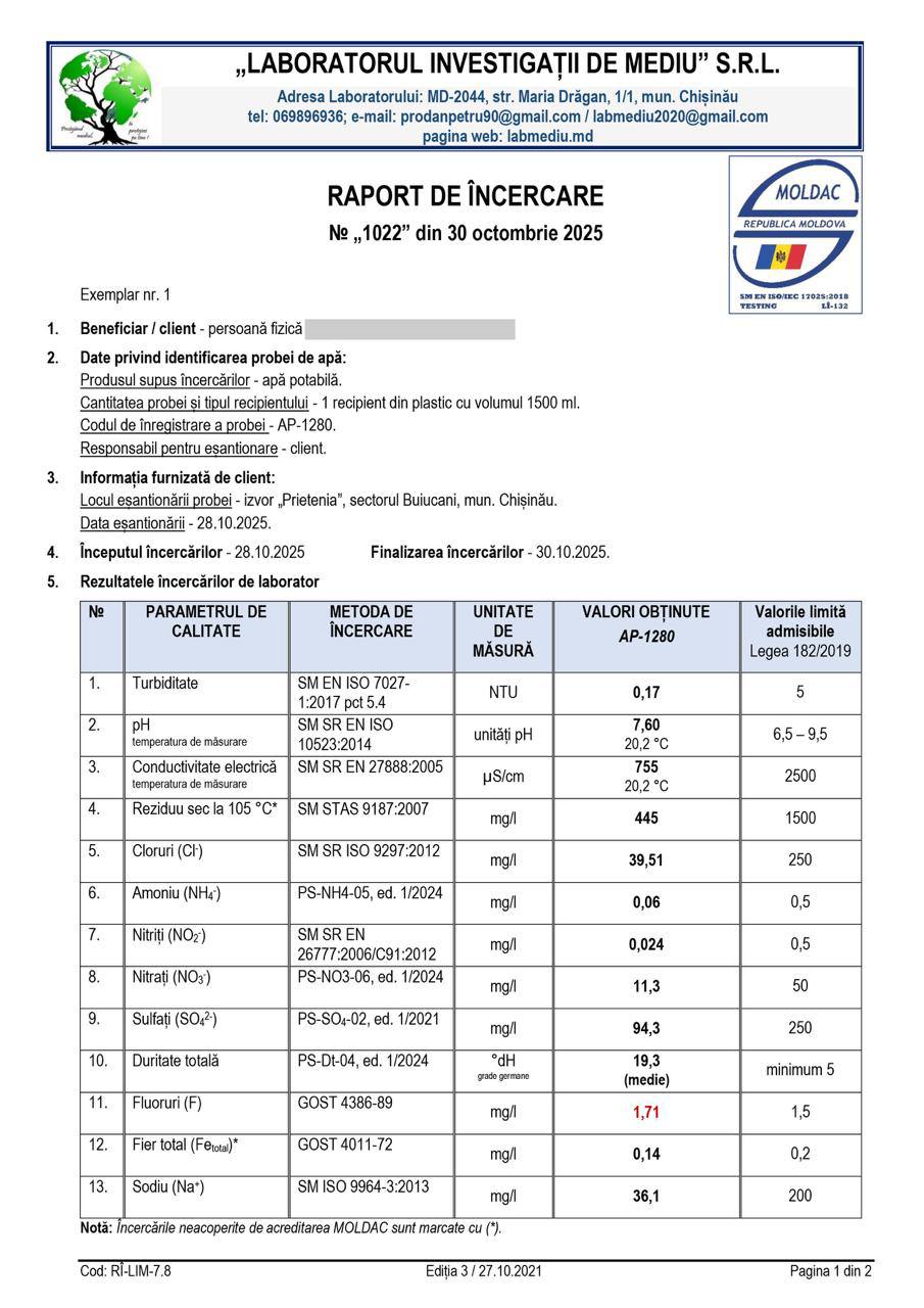 Analiza apei din izvorul „Prietenia” de pe șos. Balcani arată ca majoritatea parametrilor sunt conformi, doar concentrația de fluoruri depășește cea admisibilă. 🔥E recomandată evitarea consumului regulat al acestei ape, în special de către copii și femei însărcinate