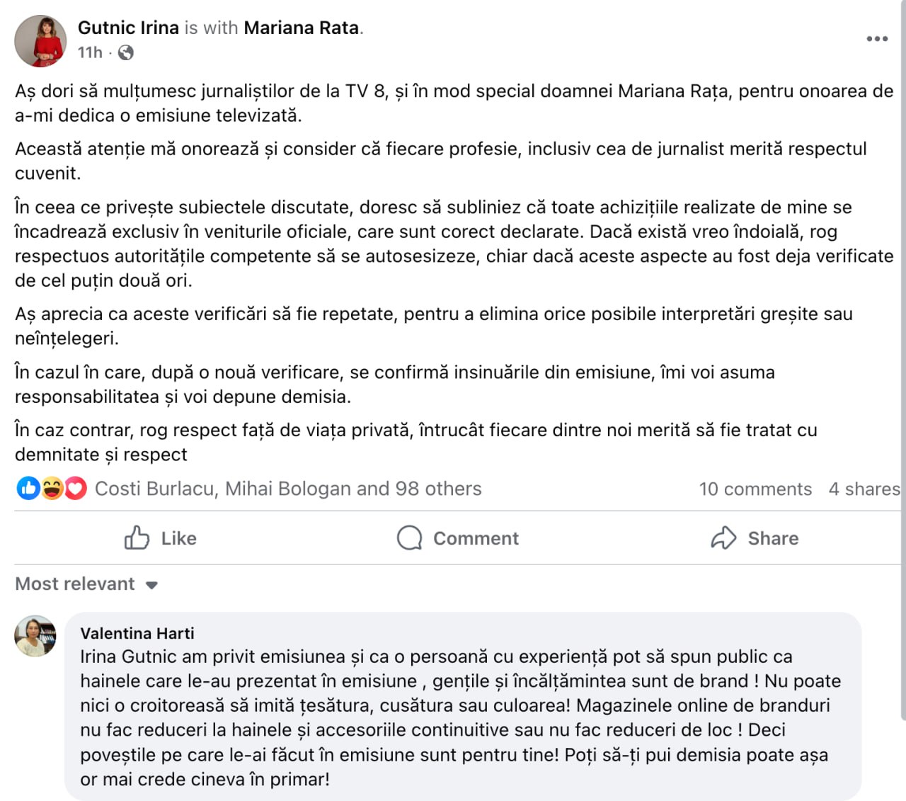 Gutnic: Doresc să subliniez că toate achizițiile realizate de mine se încadrează exclusiv în veniturile oficiale, care sunt corect declarate. Dacă există vreo îndoială, rog respectuos autoritățile competente să se autosesizeze, chiar dacă aceste aspecte au fost deja verificate de cel puțin două ori