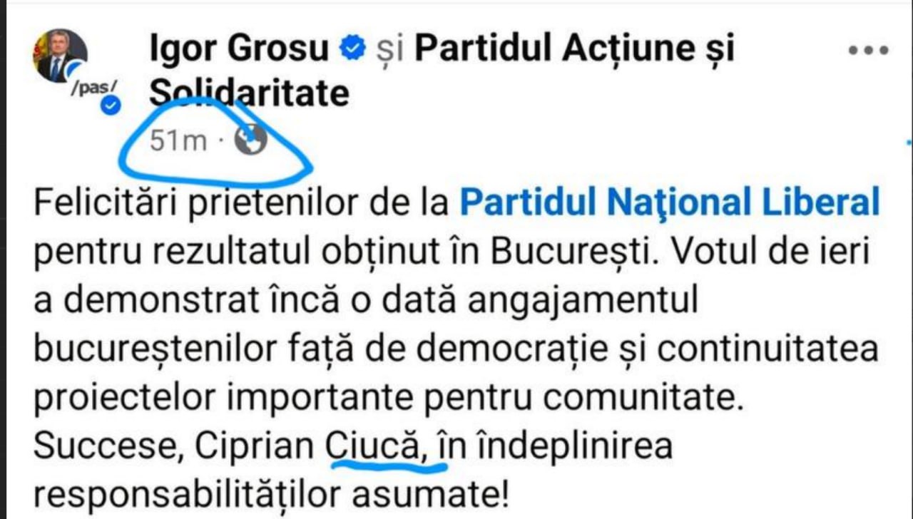 Igor Grosu, felicitări cu greșeli pentru noul primar al Bucureștiului de la PNL, Ciprian Ciucu