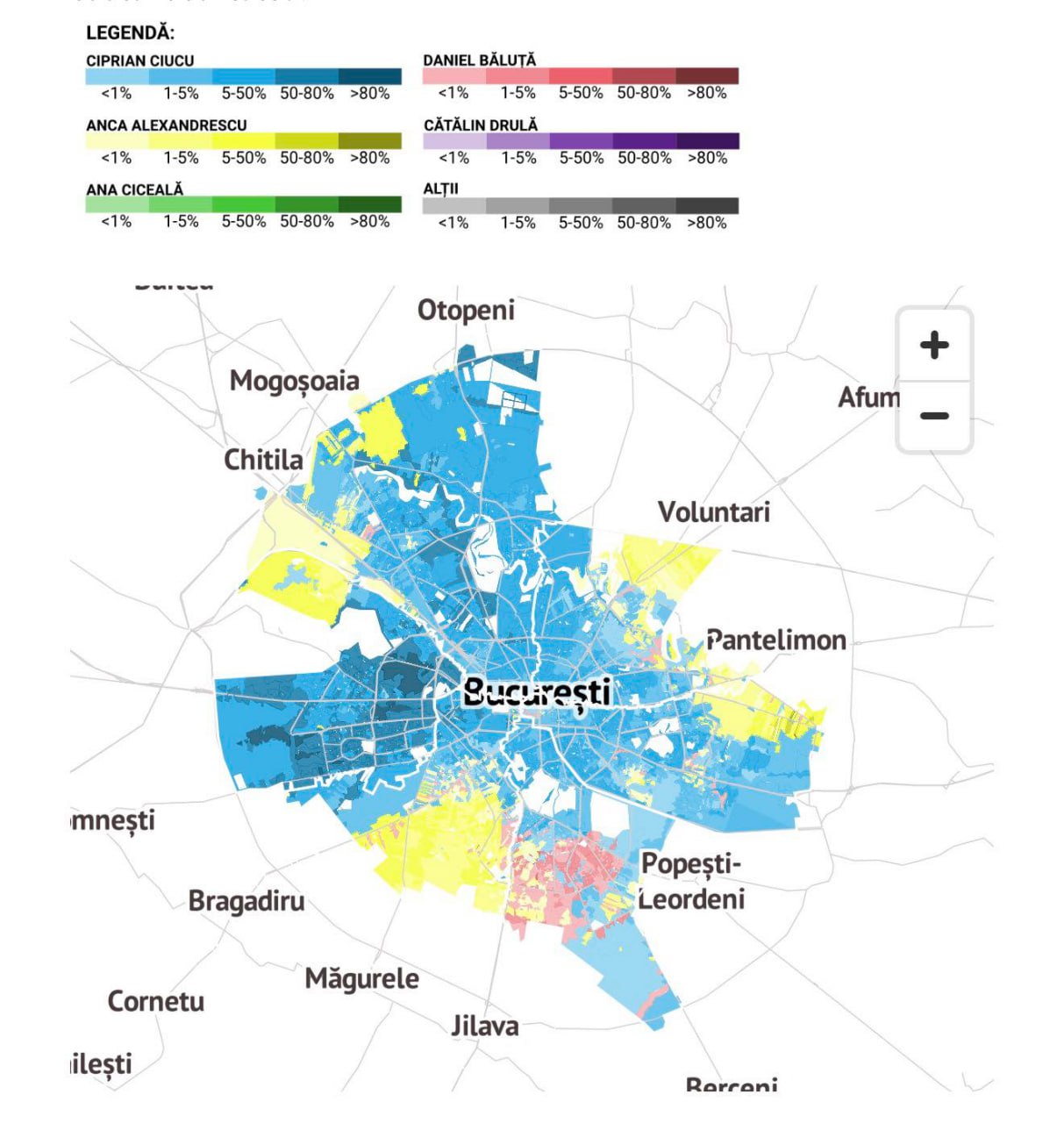 Hartă. Alegerile din București. Pentru candidata Anca Alexandrescu susținută de AUR (așa ziși suveraniști) au votat preponderent oamenii ce locuiesc în cartiere sărace, din zonele marginale ale Capitalei României