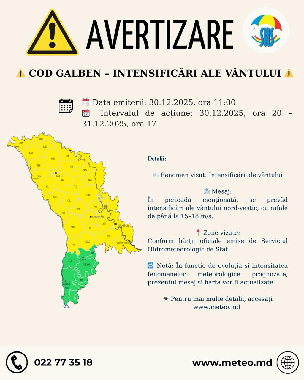 Cod galben de vânt puternic în Moldova: Când intră în vigoare alerta. Acesta e valabil începând cu 30 decembrie, ora 20:00, până pe 31 decembrie, ora 17:00