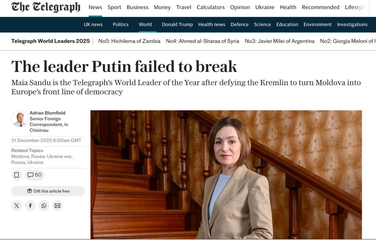 Președinta Maia Sandu a fost desemnată de publicația britanică THE Telegraph drept personalitatea mondială a anului - liderul pe care Putin n-a reușit să-l înfrângă