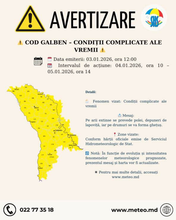 Cod galben de vreme severă pentru următoarele zile în Moldova: meteorologii prognozează polei, lapoviță și ghețuș. Avertizarea va intra în vigoare pe 4 ianuarie, la ora 10:00, și va rămâne activă până pe 5 ianuarie, ora 14:00