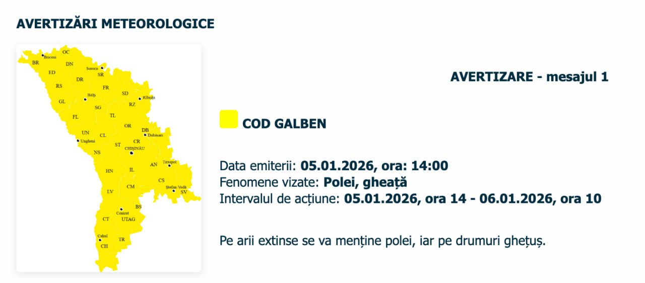 COD GALBEN. 6 ianuarie (01:00) – 7 ianuarie (16:00). Pe arii extinse se va forma ceață cu vizibilitatea de 200m și mai puțin