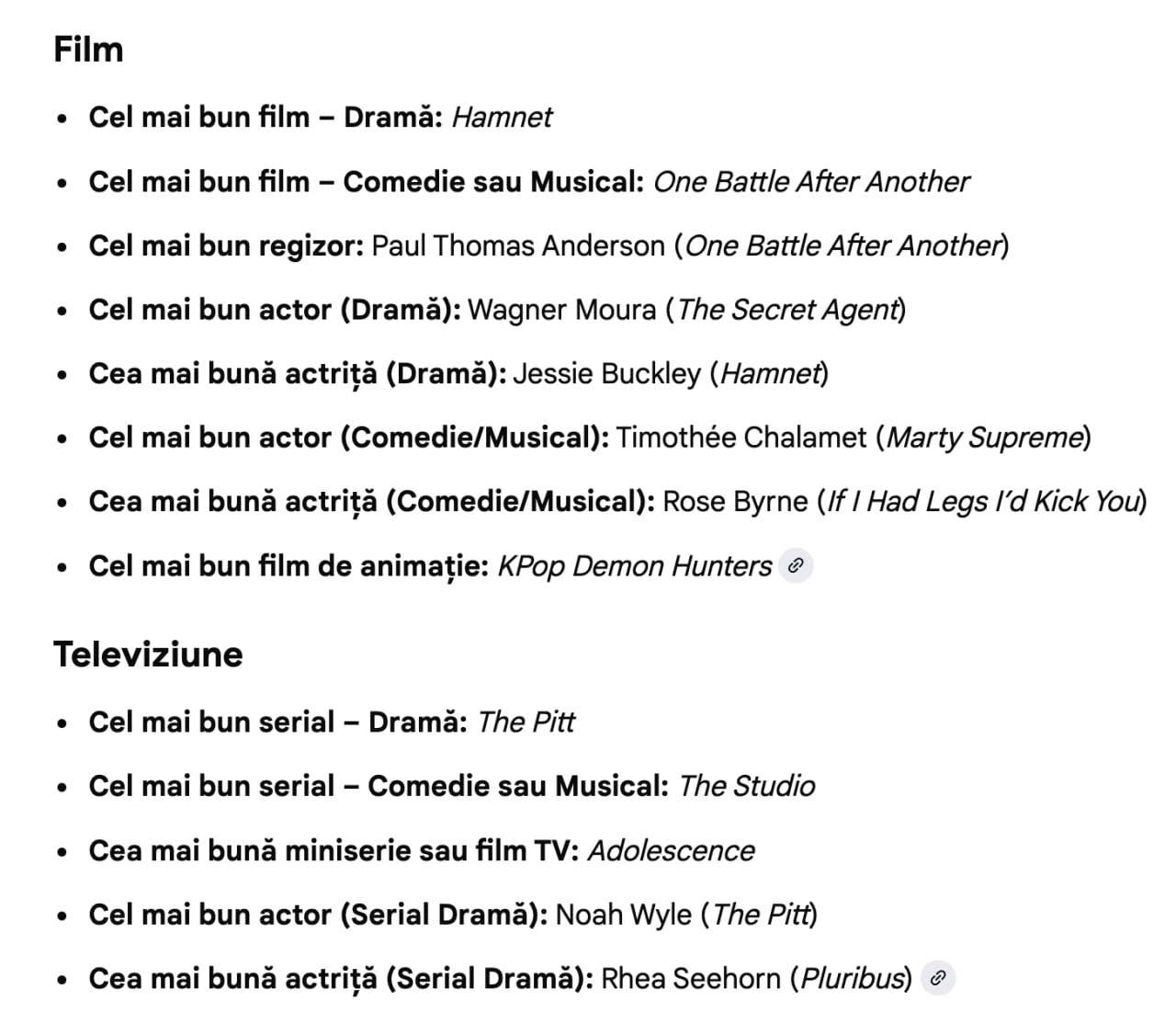 Globurile de Aur. Miniseria “Adolescence”, produsă de Netflix, și filmul “One Battle After Another” au câștigat cele mai multe premii, câte patru de fiecare. “Hamnet”, despre viața familiei lui William Shakespeare, a fost desemnat cel mai bun film