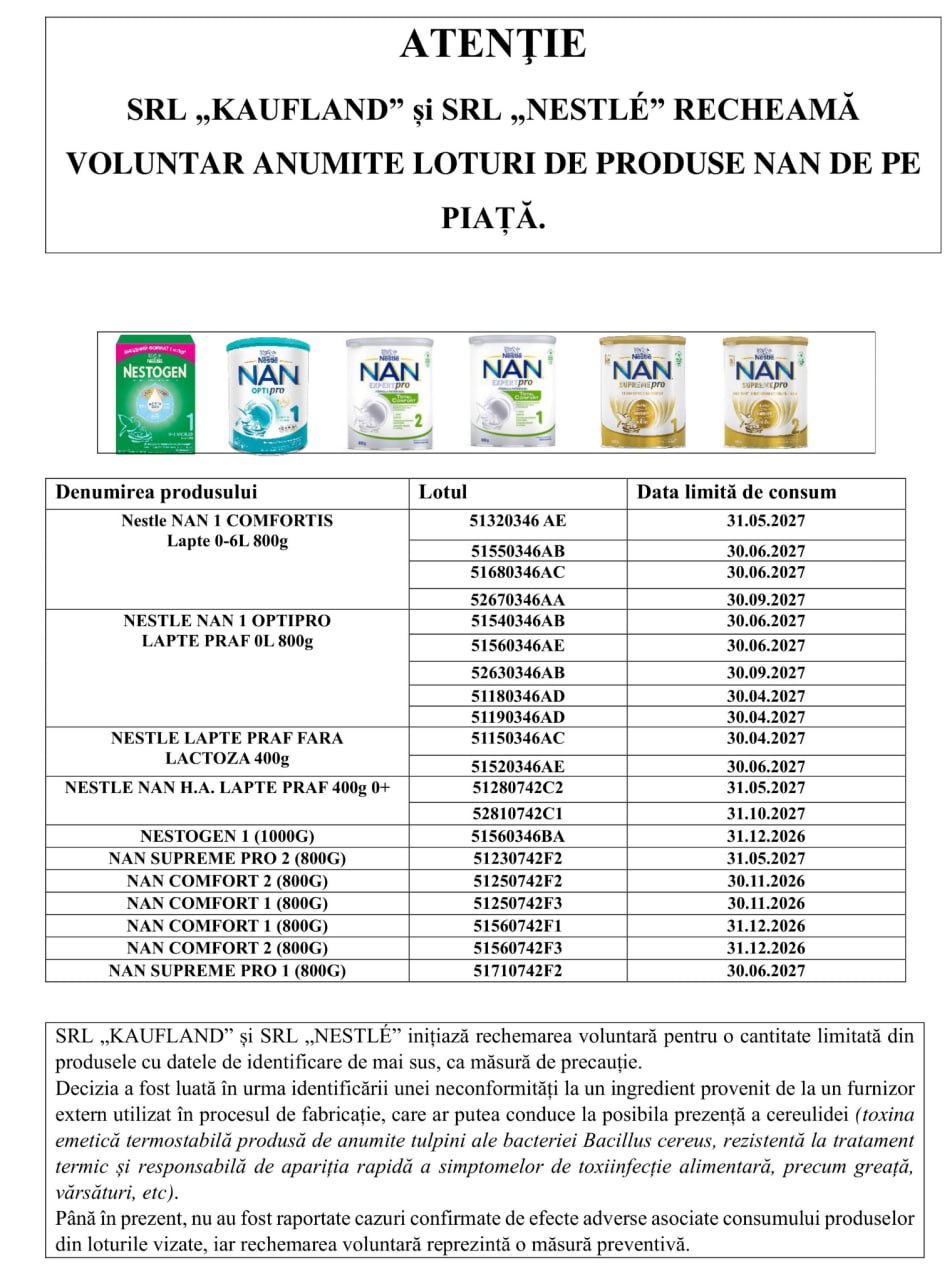 „Măsură de precauție”. Nestle, o nouă rechemare de produs în Republica Moldova. Gigantul alimentar a anunțat luni că retrage în mod voluntar mai multe produse pentru sugari ca măsură „de precauție”
