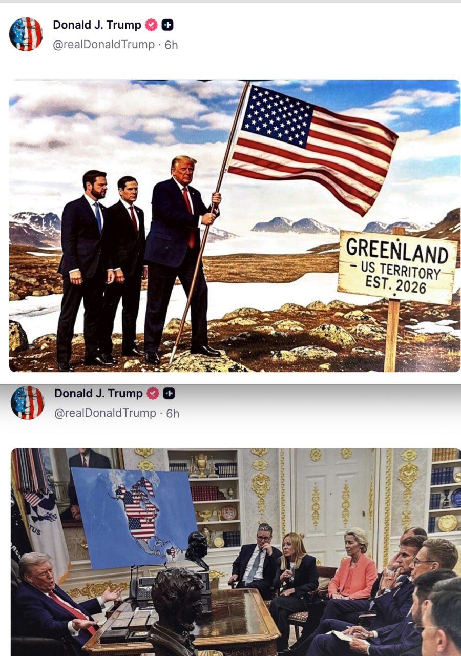 Între timp, Trump oripilează în continuare comunitatea internațională cu noi postări pe rețeaua sa de socializare. De data asta: S-a postat cum înfige drapelul SUA în Groenlanda și o altă imagine care sugerează că statul canadian devine parte a SUA