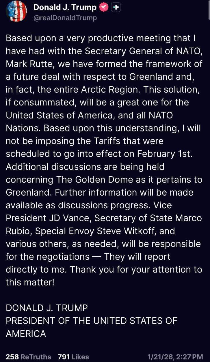 Trump s-a dezumflat ~~ca biscuitul in lapte~~ dupa ce europenii au făcut scut pe subiectul Groenlanda. Acesta a făcut o postare azi seara lăsând sa se înțeleagă că s-a ajuns la o înțelegere pe Groenlanda, în urma căreia SUA va putea să-și amplaseze acolo un scut anti-rachetă, cum putea de fapt să facă și până acum