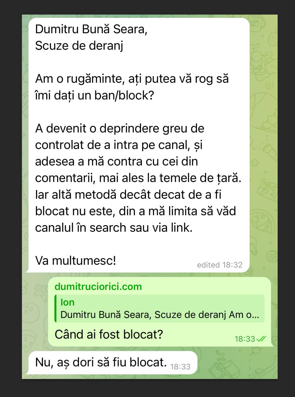 Dileme de vineri seara: Voi, cu ce vă ocupați vineri seara? În timp ce prin alte părți se blochează opinii de un anumit curent politic, eu sunt rugat să blochez oamenii pentru că nu se pot abține de la a intra în dezbateri cu membrii :)