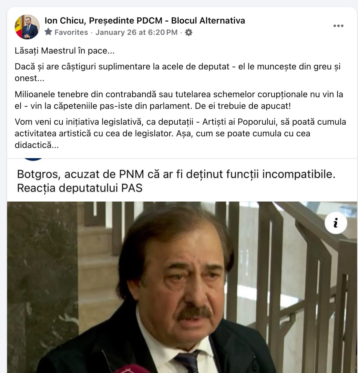 Chicu, în apărarea lui Botgros. Ion Chicu l-a apărat pe deputatul PAS Botgros, susținând că acesta își câștigă onest veniturile suplimentare, spre deosebire de liderii PAS care ar beneficia de sume "__multimilionare din activități dubioase și corupție"__. Chicu anunță o inițiativă legislativă pentru ca deputații cu titlul de Artist al Poporului să poată combina activitatea artistică cu cea parlamentară