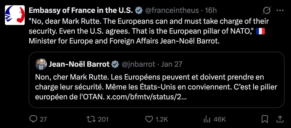 Replica francezilor pentru șeful NATO: Ministrul de externe al Franței a dat replică la declarația șefului NATO, Mark Rutte, care susținea că Europa nu se poate apăra fără SUA. Francezii afirmă că europenii pot și trebuie să își asume responsabilitatea pentru propria securitate