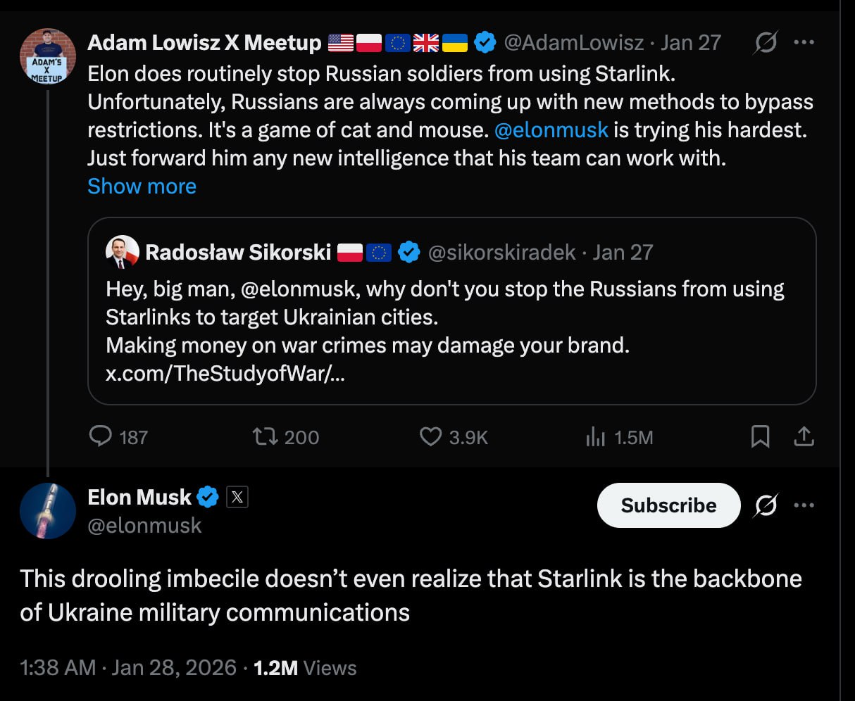 🛰 Diplomația poloneză îi cere lui Elon Musk să oprească accesul rușilor la sateliții Starlink. Sunt folosiți pentru a ataca Ucraina. În replică, Elon Musk l-a numit __imbecil__ pe Sikorski, spunând că infrastructura Starlink reprezintă scheletul comunicațiilor militare ucrainene