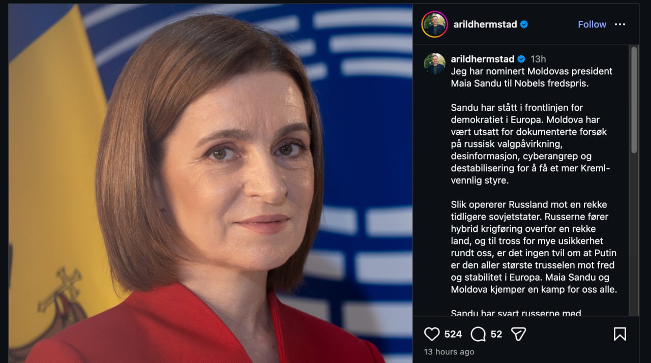 Politicianul norvegian Arild Hermstad propune nominalizarea Maiei Sandu la pentru Premiul Nobel pentru Pace. El consideră că președinta Moldovei se află în prima linie a apărării democrației în Europa, în fața interferențelor rusești documentate în alegeri, dezinformării și atacurilor cibernetice