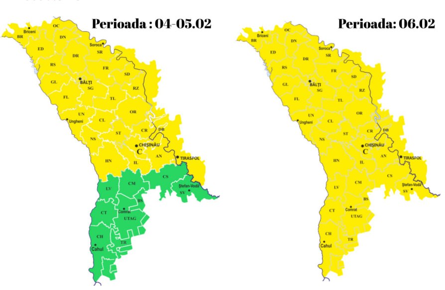 Serviciul Hidrometeorologic a emis Cod galben de polei și ceață în Moldova. Avertizarea e valabilă de miercuri ora 14:00 până vineri la ora 20:00. Temperatura va fi în jur de 0 grade, iar precipitațiile vor forma polei în nord pe 4-5 februarie