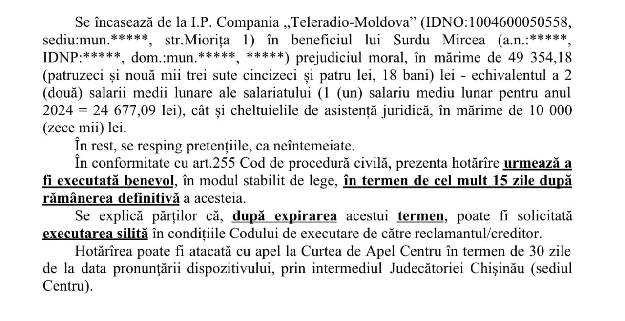 TRM, obligată să-i achite lui Mircea Surdu zeci de mii de lei: Judecătoria Chișinău a admis parțial acțiunea jurnalistului Mircea Surdu împotriva TRM, anulând sancțiunea disciplinară și obligând compania să achite bonusul de fidelitate de 12.640 lei plus prejudiciu moral de 50.000 lei. Se întâmplă în toiul disputei sale cu șeful TRM, Vlad Țurcanu