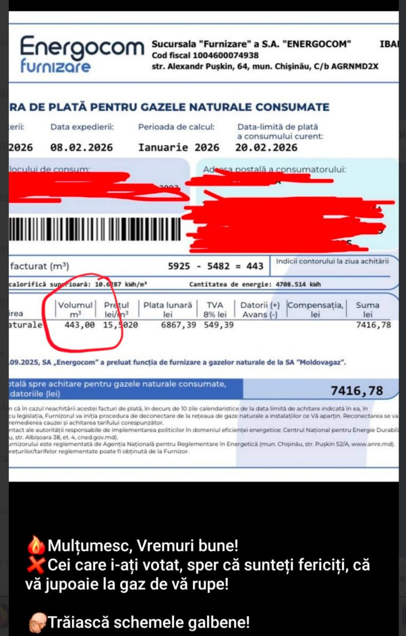 În hora celor care își postează facturile cu tarifele uriașe la gaz au intrat și falșii unioniști, pentru a specula momentul. Unul din ei se plânge pe factura mare, după ce a consumat gaz cât pentru încălzirea a cel puțin 2 apartamente - 443 m3 pentru luna ianuarie