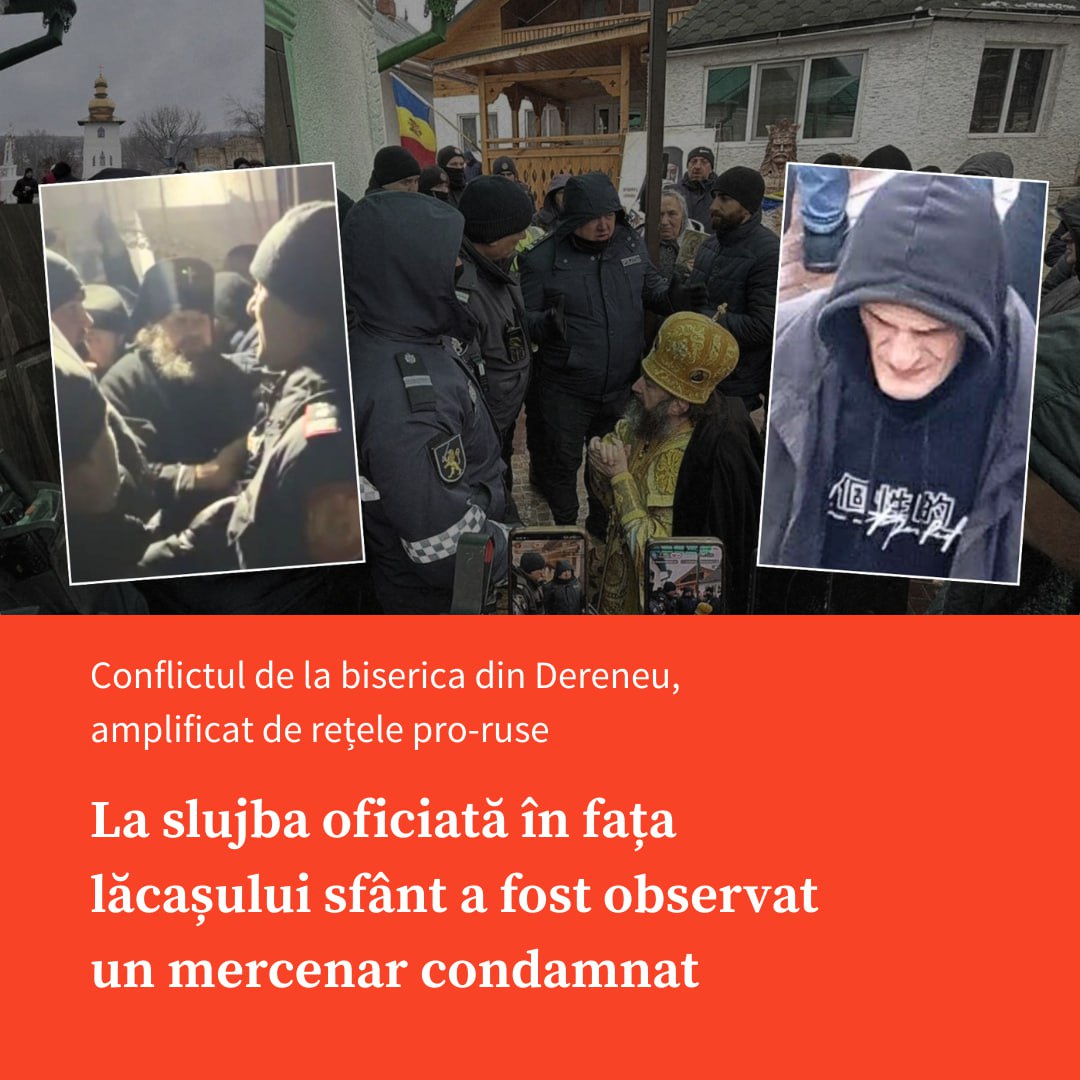 Conflictul de la biserica din Dereneu, raionul Călărași, a degenerat într-un scandal mediatizat, amplificat pe rețelele sociale de canale pro-ruse. La slujba din fața lăcașului sfânt a fost observat Valeriu Chirca, condamnat pentru mercenariat în estul Ucrainei și prezent frecvent la proteste politice