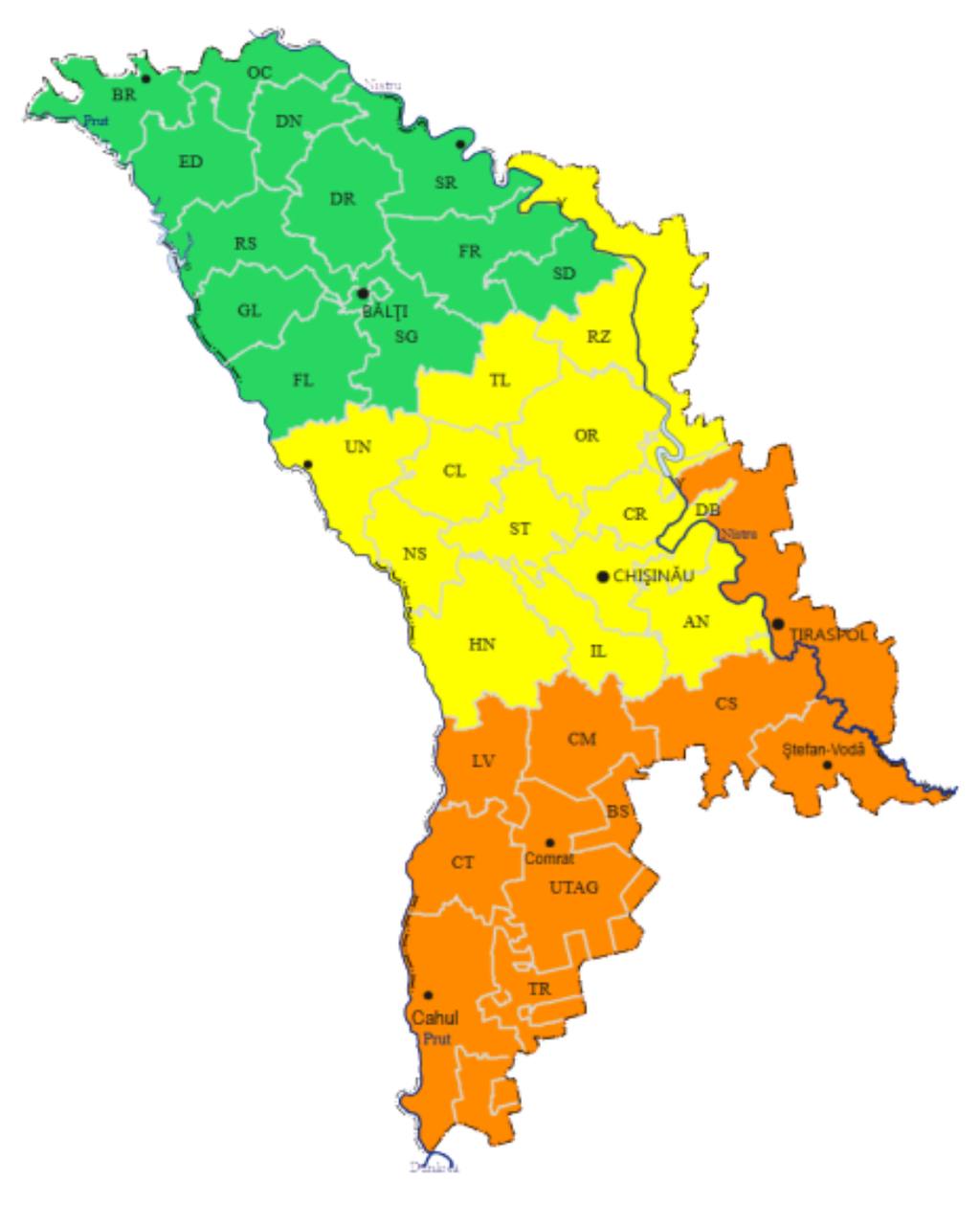 Serviciul Hidrometeorologic de Stat a emis o avertizare meteo cu cod portocaliu și galben, valabilă pentru mâine, 18 februarie 2026, între orele 02:00-20:00. Zonele afectate vor înregistra precipitații puternice, predominant sub formă de ninsoare, cu cantități de 20-35 l/m² în zonele cu cod portocaliu și 7-19 l/m² în cele cu cod galben