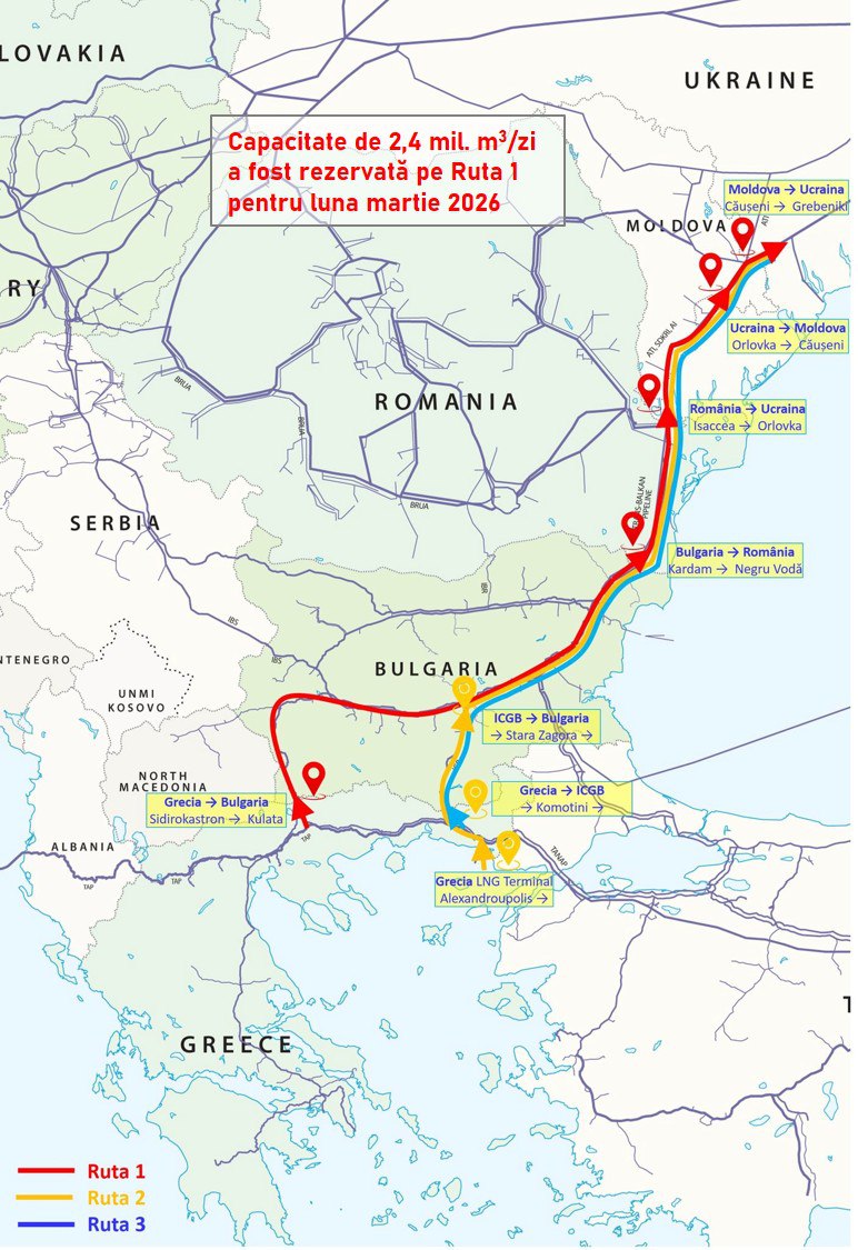 Cum e ocolită Rusia. Constantin Borosan anunță că, la licitația pentru rezervarea capacității lunare de transport pe gazoductul Trans-Balcanic în regim de revers fizic (Ruta 1 din Coridorul Vertical), s-a rezervat un volum record: până la 25500MWh/zi, echivalent cu aproximativ 2.4 milioane m3/zi începând din martie 2026