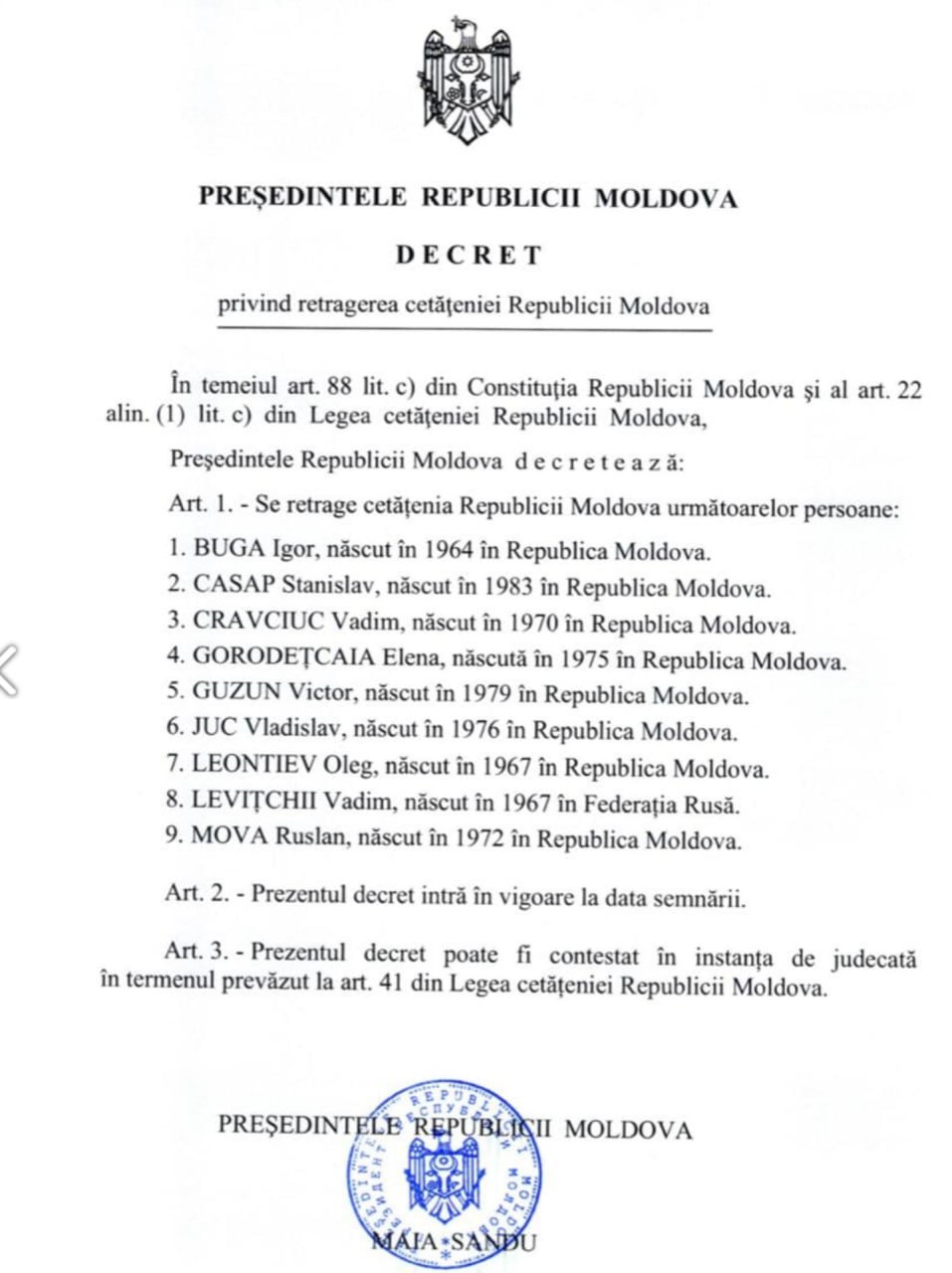 Președinta Maia Sandu a retras cetățenia moldovenească a 9 persoane care au deținut funcții în structuri neconstituționale transnistrene și au luptat alături de separatiști în 1992
