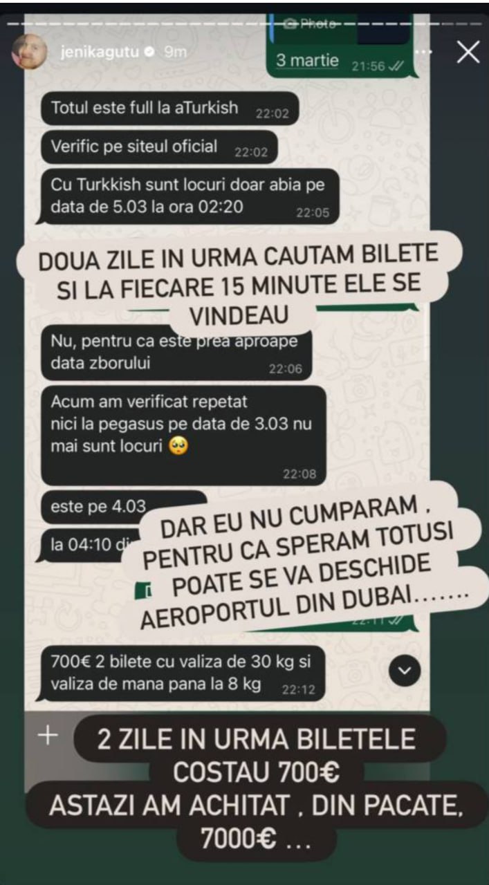 Mii de euro dau moldovenii ca să vină acasă: Influensera Jenika Guțu, blocată în Dubai de războiul cu Iran, a dat 7 mii € ca să ajungă în Oman, apoi în Moldova