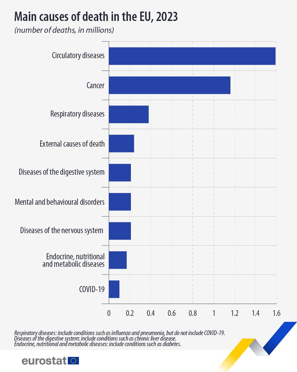  EuroStat: În 2023, dintre cele 4,84 milioane de decese în rândul rezidenților UE, 1,59 milioane au fost cauzate de boli circulatorii, 1,16 milioane de cancer și 0,38 milioane de boli respiratorii