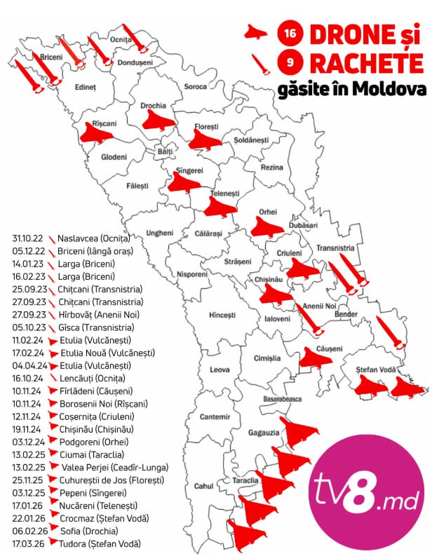 TV8: Harta completă cu toate locațiile din Moldova unde au fost descoperite drone și rachete rusești sau fragmentele acestora, în urma atacurilor asupra Ucrainei