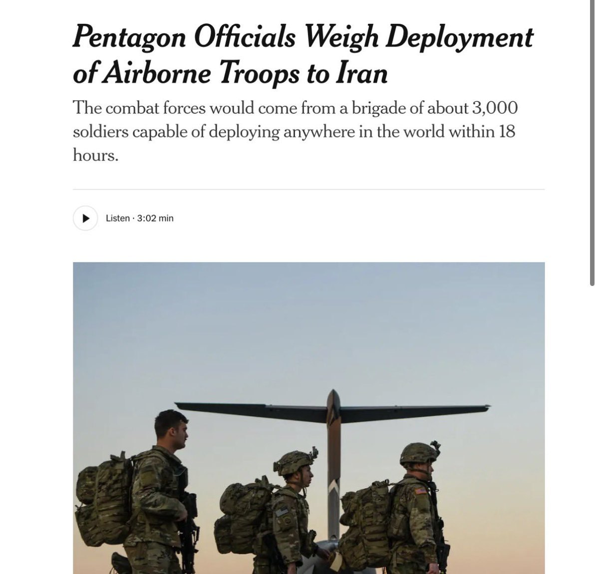 Trump pare că vrea să-și mai încerce norocul în Iran. Pentagonul analizează trimiterea a aproximativ 3.000 de parașutiști din  Airborne 82 pentru a sprijini eventuale operații americane în Iran, eventual pentru a prelua insula Kharg. Pușcașii marini ar putea merge primii pentru a asigura și repara infrastructura, urmate de trupele aeropurtate