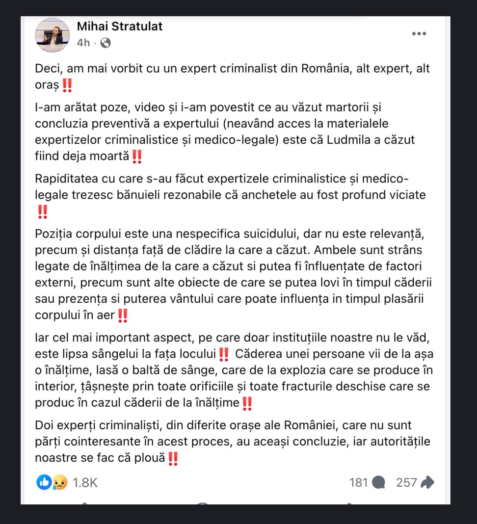 Pediatru, politician, și acum criminalist pe facebook. Mihai Stratulat implicat activ în a face expertize criminaliste în cazul decesului Ludmilei Vartic. Acesta a și dat decizia pe rețele: __Concluzia preventivă e că Ludmila a căzut fiind deja moartă.__
