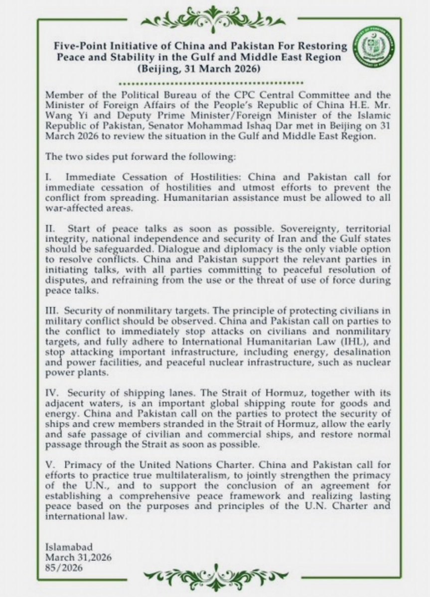 China și Pakistan au lansat un plan de pace cu 5 puncte pentru încetarea conflictului din Iran. Planul nu menționează Statele Unite și Israel și solicită restabilirea pasajului complet prin strâmtoarea Hormuz, fără capacitatea Iranului de a o bloca sau de a percepe taxe de tranzit