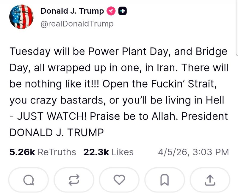 Ieșire vulgară și agresivă a lui Donald Trump la adresa Iranului, sugerând ca situația i-a scăpat de sub control: “Deschideți nenorocita aia de strâmtoare, nebunilor (Open the fuckin strait, you crazy bastards)”, a scris Trump pe rețeaua sa socială