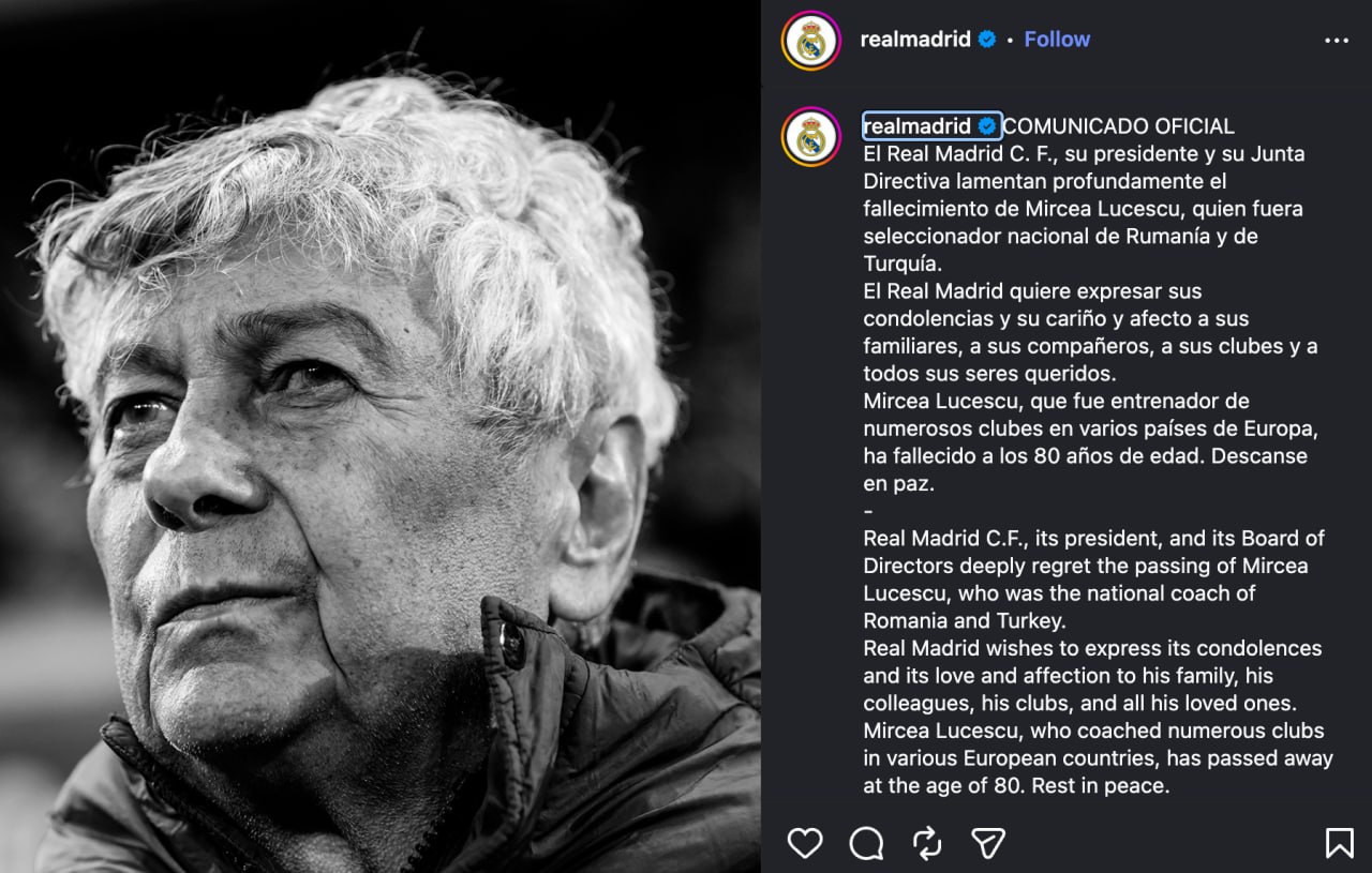 Antrenorul român Mircea Lucescu, onorat de Real Madrid pe rețelele de socializare, după ce acesta a decedat aseară