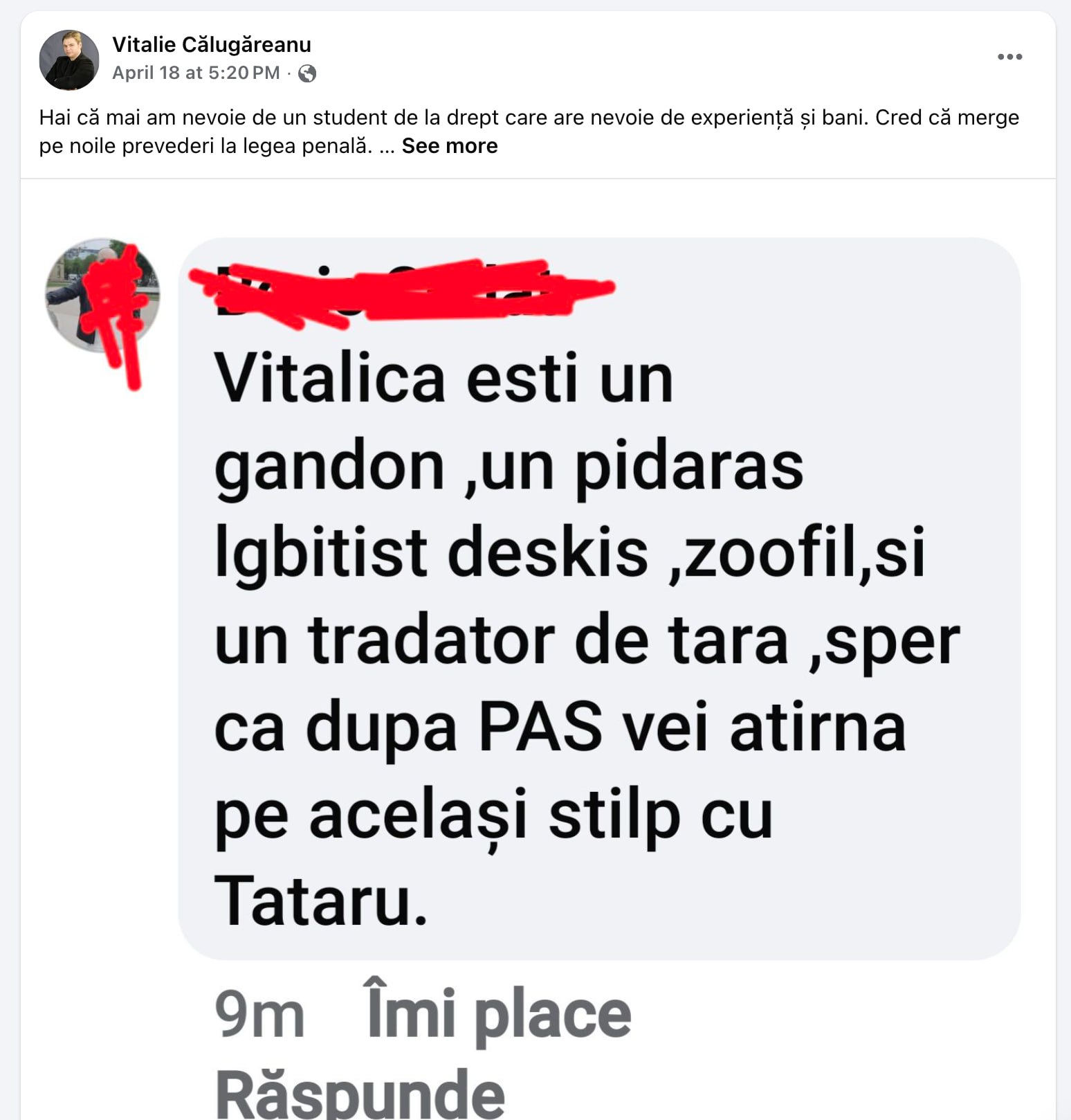 ONG-urile de media, declarație după mesajele cu amenințări și injurii la adresa unui jurnalist: organizațiile cer ca autorul să fie tras la răspundere. La 18 aprilie, Călugăreanu a devenit ținta injuriilor, etichetărilor jignitoare și a amenințărilor („sper că vei atârna pe același stâlp cu Tataru [presupusă referire la reportera TV8 Viorica Tatatru n.a.]”) din partea unui utilizator al rețelei sociale Facebook, identificat cu numele Boris Cerlat. Același utilizator, care pe pagina sa de profil se prezintă drept susținător al formațiunii politice Partidul Nostru, a expediat jurnalistei TV8 Mariana Rață, la 30 octombrie, mesaje vocale conținând multiple injurii și amenințări cu omor („oamenii o să vă vâre cuțitul în gât”), exprimându-și astfel dezacordul față de întrebările adresate liderului Partidului Nostru, Renato Usatîi, în cadrul emisiunii „Cutia Neagră cu Mariana Rață”