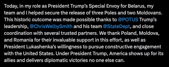 Emisarul lui Trump pentru Belarus: Au fost schimbați 3 polonezi și 2 moldoveni. Schimbul a fost unul 5 pe 5