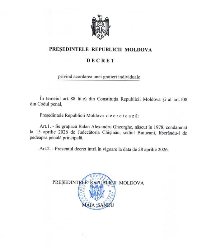 A fost publicat decretul Maiei Sandu de grațiere a fostului director adjunct SIS, Alexandru Balan. Acesta a fost dat la schimb rușilor pentru doi agenți SIS reținuți în Rusia