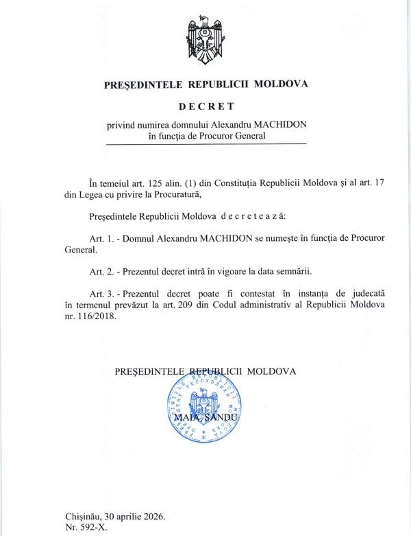 Maia Sandu a semnat decretul de numire a lui Alexandru Machidon în funcția de procuror general (DOC), după ce acesta a trecut evaluarea externă