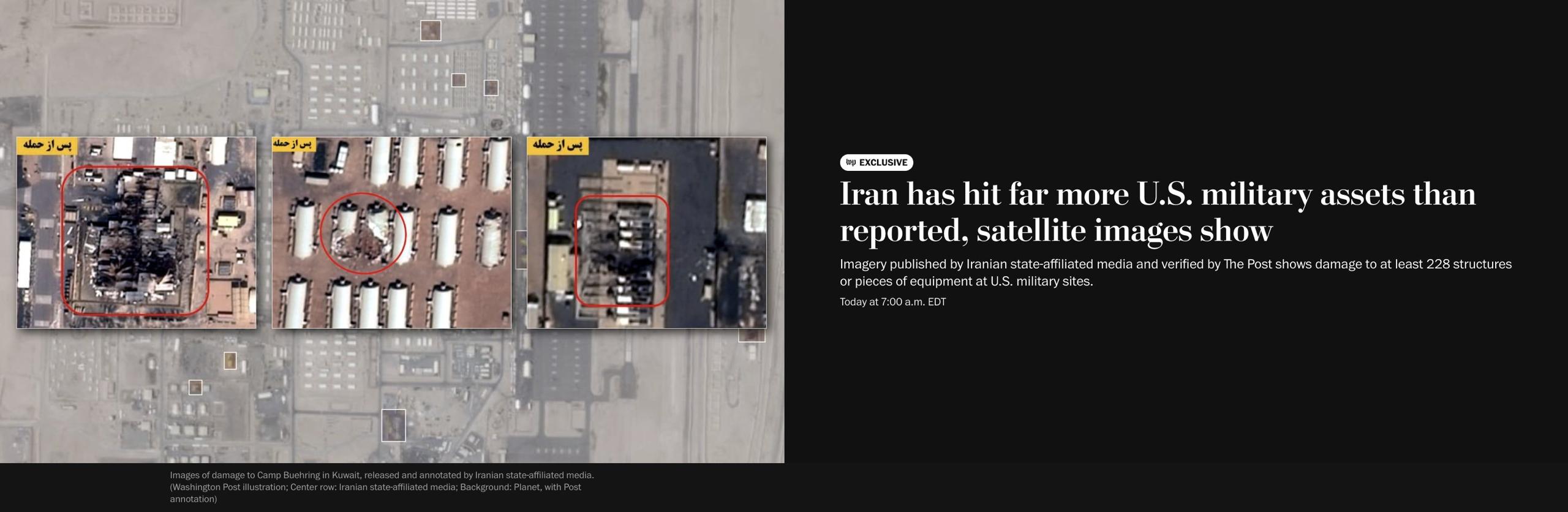 Iranul a avariat sau distrus cel puțin 228 de structuri și echipamente militare americane din 15 baze din Orientul Mijlociu de la începutul războiului din 28 februarie, mult mai mult decât au recunoscut oficial autoritățile americane