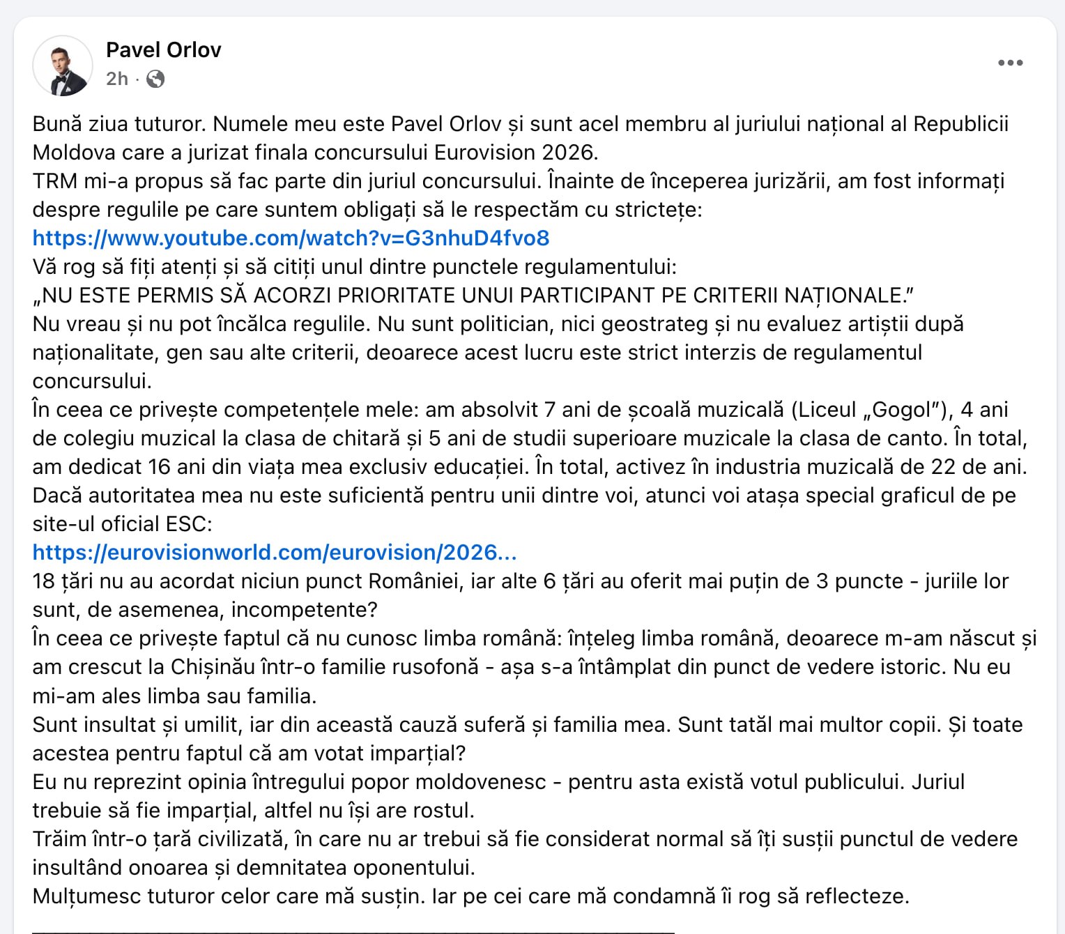Unul dintre membrii juriului de la Eurovision, Pavel Orlov, a reacționat abia azi pe pagina sa de facebook. Acesta își argumentează votul slab pentru România în felul următor: