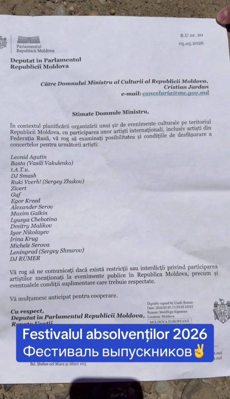 Ministerul Culturii a aprobat doar 4 artiști din lista deputatului Renato Usatîi pentru festivalul absolvenților. Ministrul Cristian Jardan a anunțat că, după consultări cu Serviciul de Informații și Securitate, au fost acceptați doar Maxim Galkin, Zivert, DJ Rumer și Michele Serova