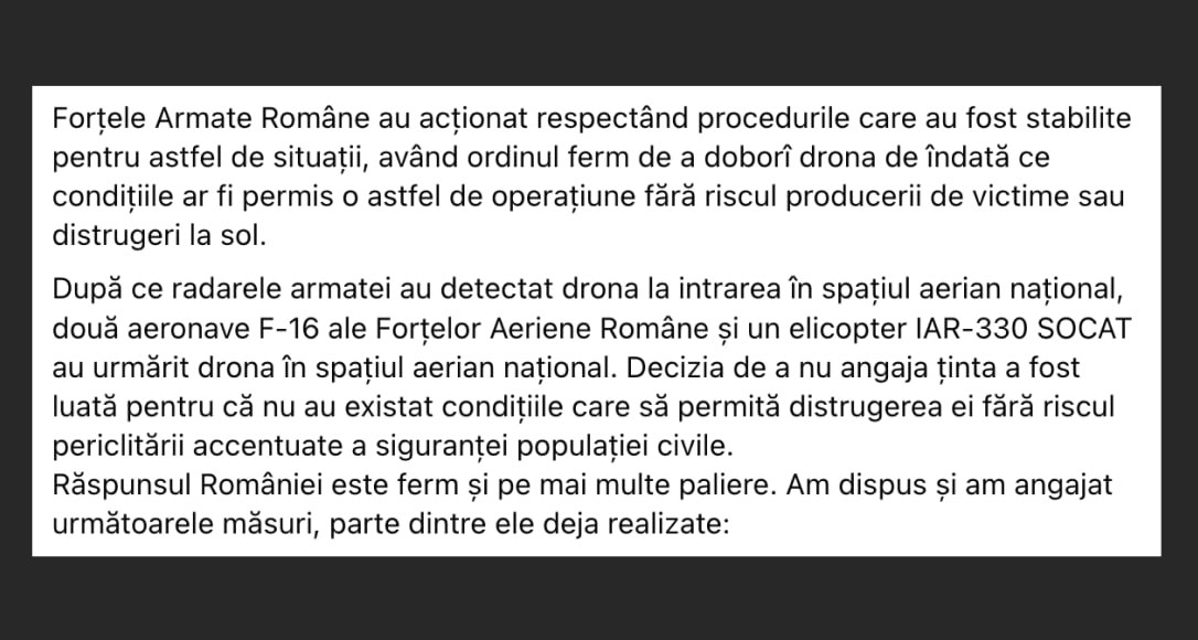 Președintele României Nicușor Dan spune că avioanele F16 nu au lansat proiectile asupra dronei rusești pentru că existau riscuri pentru siguranța populației civile dacă se angajau în acțiune, în cele 4 min disponibile