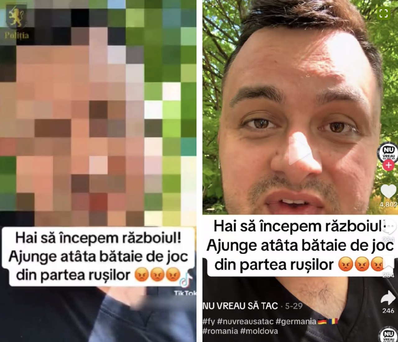 TikToker cu zeci de mii de urmăritori pe rețele, reținut. Administratorul contului „Nu vreau să tac – anonim" cu peste 57.000 de urmăritori, este cercetat pentru propaganda războiului. Suspectul este acuzat că a publicat în mod repetat pe TikTok, YouTube și alte platforme materiale care ar promova acțiuni militare agresive și ar instiga la război