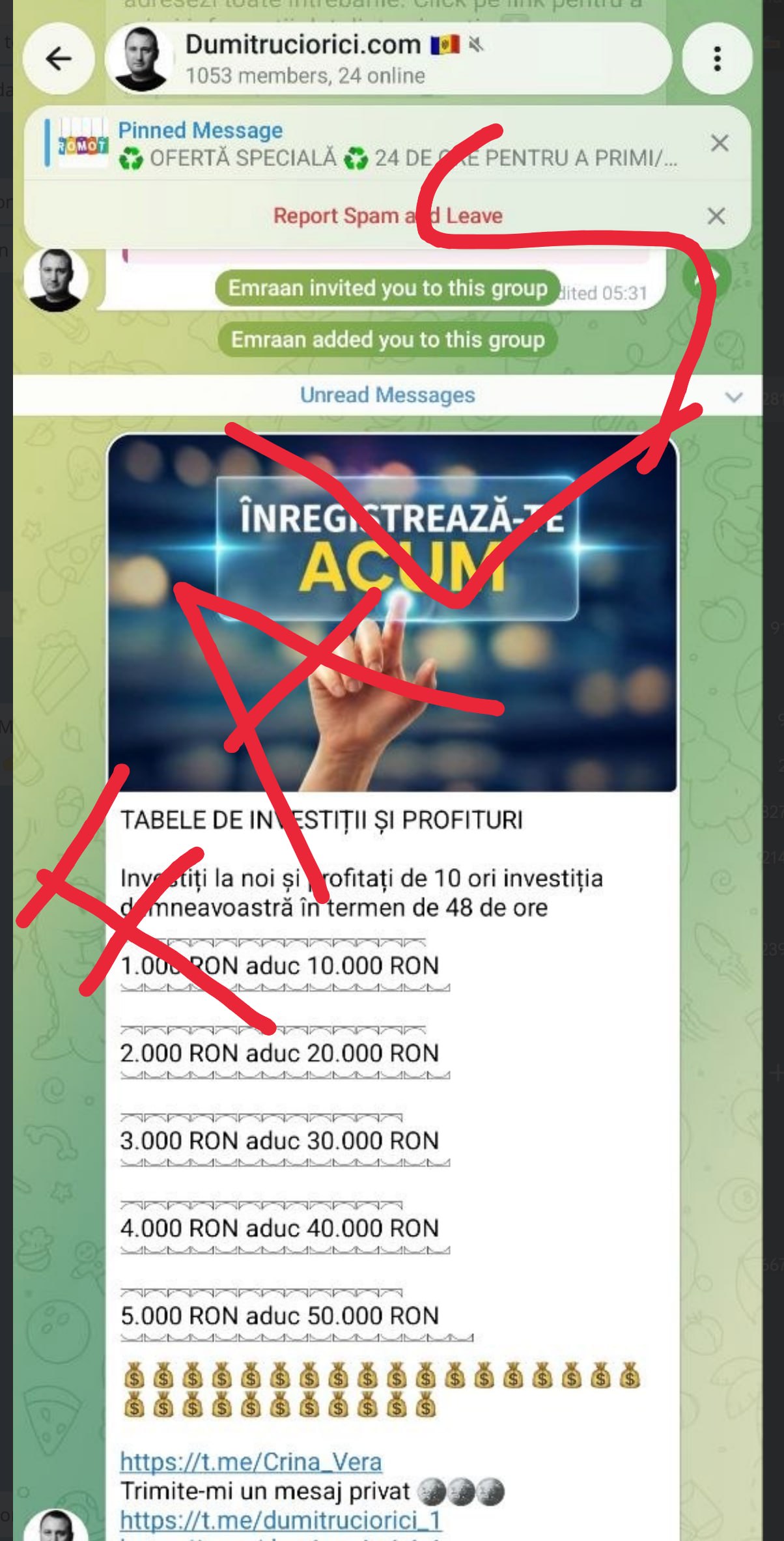 Atenție, eu nu am creat niciun grup, nu propun nimănui niciun fel de investiție. E vorba de escroci care folosesc numele meu pentru înșela oamenii