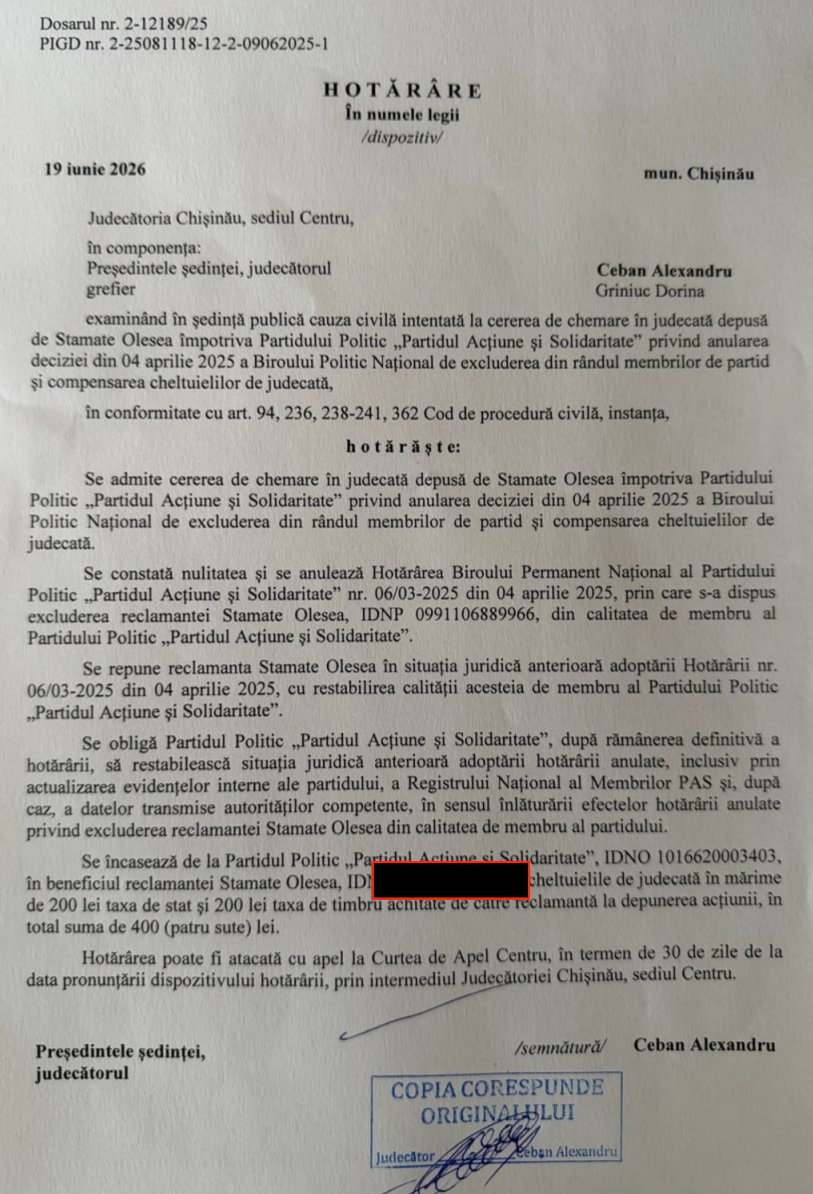 Se parg toate grămadă. Olesea Stamate, fostă deputat PAS și șefă a Comisiei juridice din Parlamentul Moldovei, a câștigat în prima instanță procesul împotriva partidului de guvernământ PAS, din care a făcut parte. Judecătoria Chișinău, sediul Centru, a anulat hotărârea din 4 aprilie 2025 prin care a fost exclusă din PAS și a dispus restabilirea sa ca membru al formațiunii