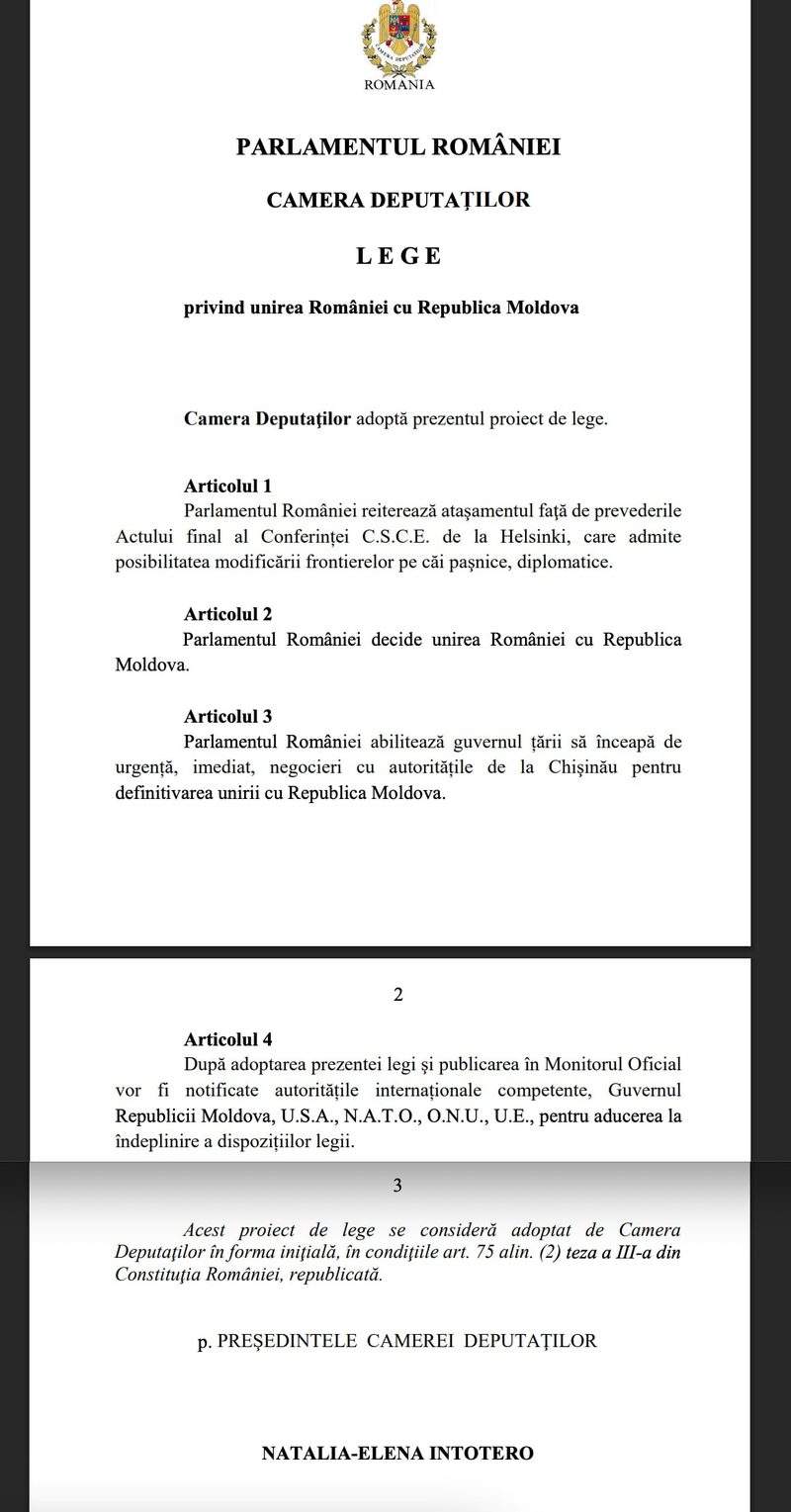 Să vezi și să nu crezi: Propunerea legislativă depusă de parlamentarii S.O.S. România privind unirea României cu Republica Moldova a fost adoptată tacit și dat publicității, după expirarea termenului constituțional de 45 de zile