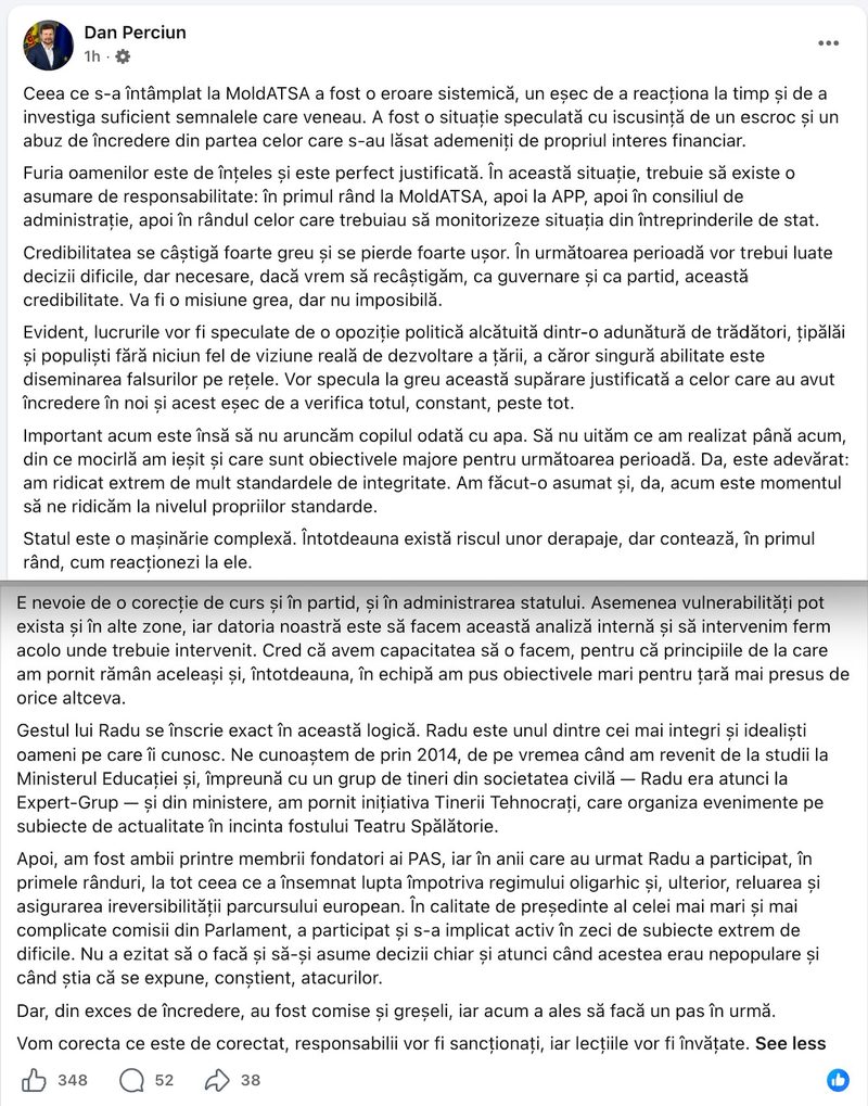 "E nevoie de decizii dificile și de o corecție de curs în partid": Dan Perciun, ministrul Educației și unul din liderii PAS spune că responsabilitatea pentru ce s-a întâmplat la MoldATSA trebuie să fie asumată și la nivel de APP, iar în viitor trebuie luate decizii dificile, atât la partid cât și la guvernare
