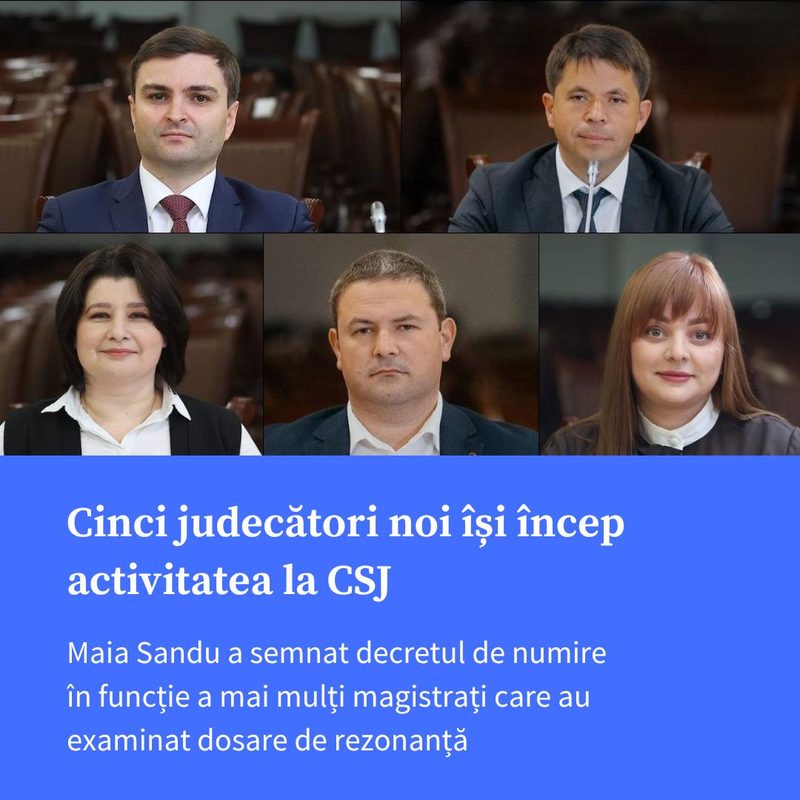 Cinci judecători noi își încep activitatea la CSJ. Maia Sandu a semnat decretul de numire în funcție a mai mulți magistrați care au examinat dosare de rezonanță. Printre ei și Ana Cucerescu, magistrata din completul care i-a dictat sentința lui Plahotniuc și Guțul