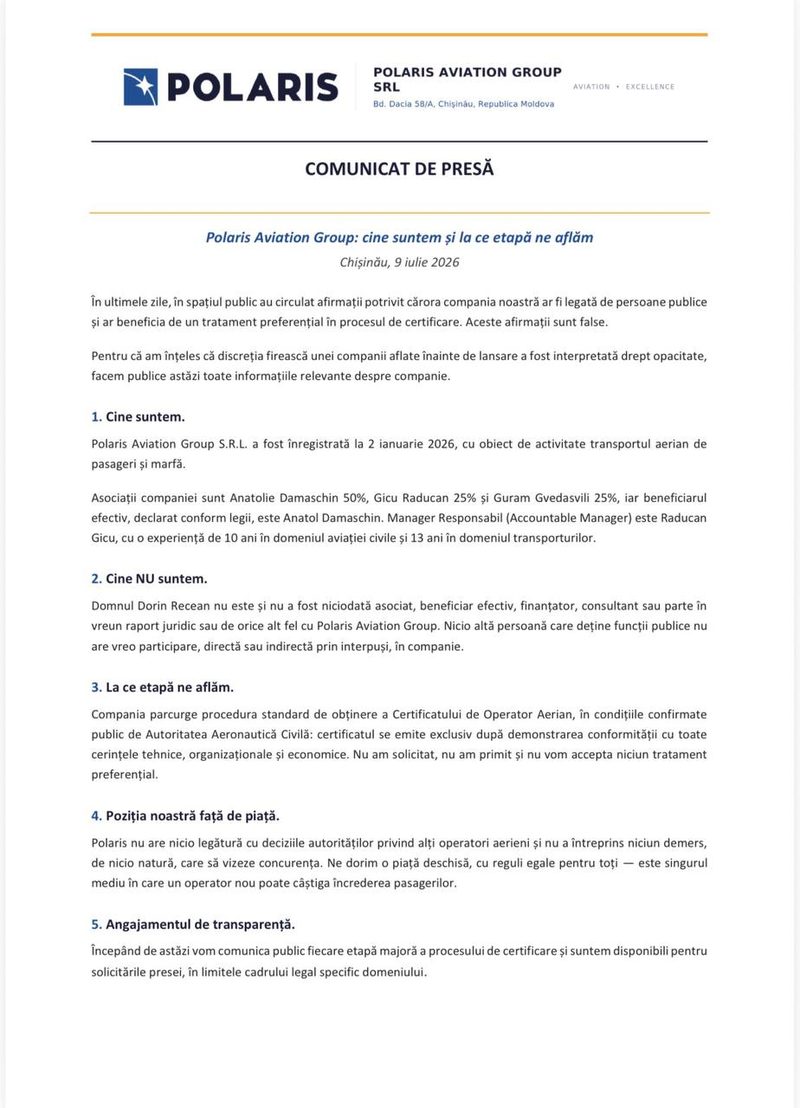 Polaris Aviation Group își face public acționariatul printr-un comunicat emis presei: Anatolie Damaschin 50%, Gicu Raducan și Guram Gvedasvili câte 25%. Compania neagă orice legătură cu ex-premierul Recean