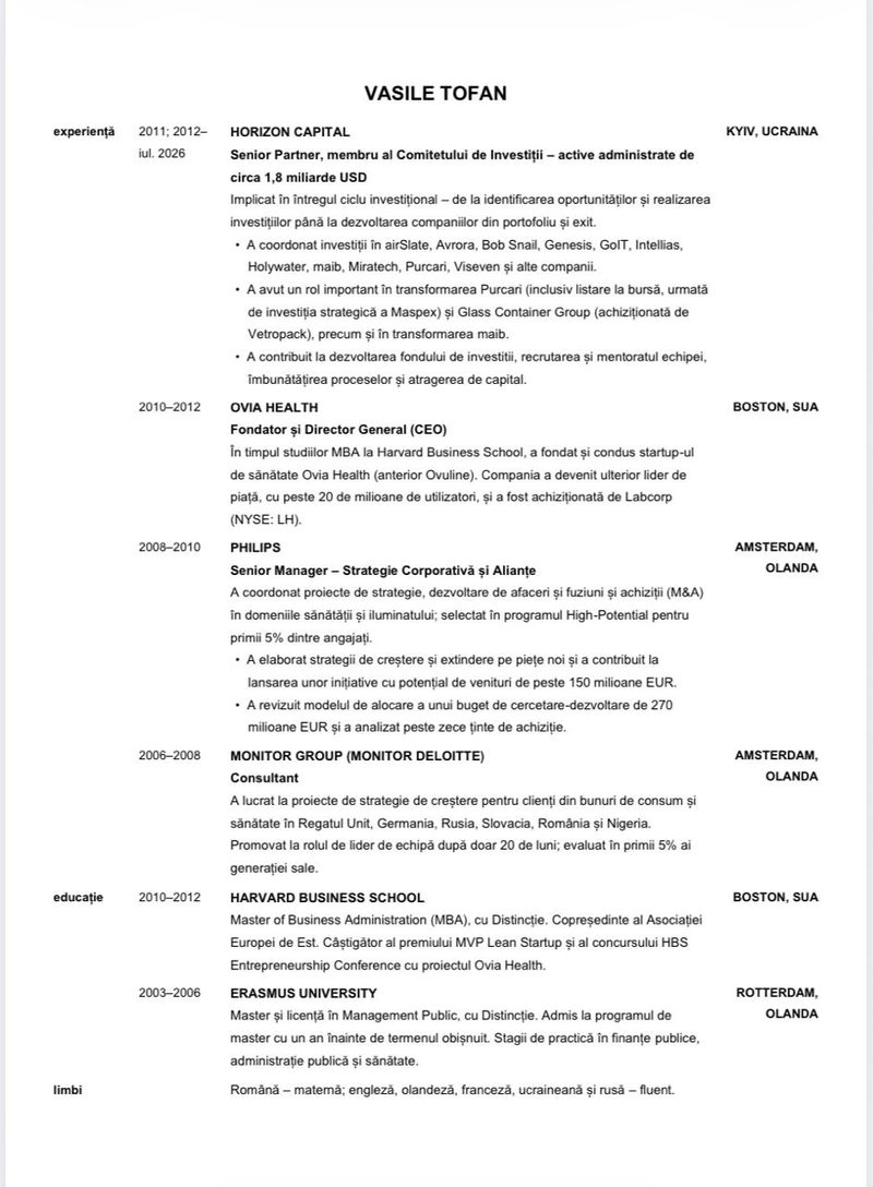 CV-ul de Wall Street al premierului desemnat, Vasile Tofan. Președinția a publicat CV-ul acestuia. Tofan cunoaște 6 limbi