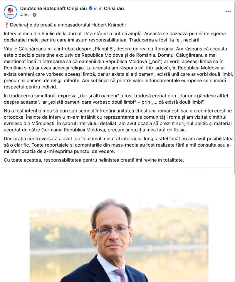Ambasadorul Germaniei, a doua reacție pentru a se explica după interviul de la JurnalTV: Spune că traducerea nu a fost foarte exactă, dar responsabilitatea pentru "neliniștea creată îi revine în totalitate"