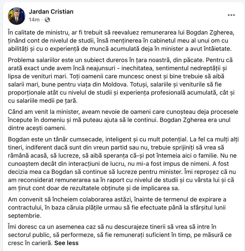 Ministrul Culturii, Cristian Jardan, își face Mea Culpa și spune că a rupt contractul cu tânărul din PAS Bogdan Zgherea care îl ajuta la minister: